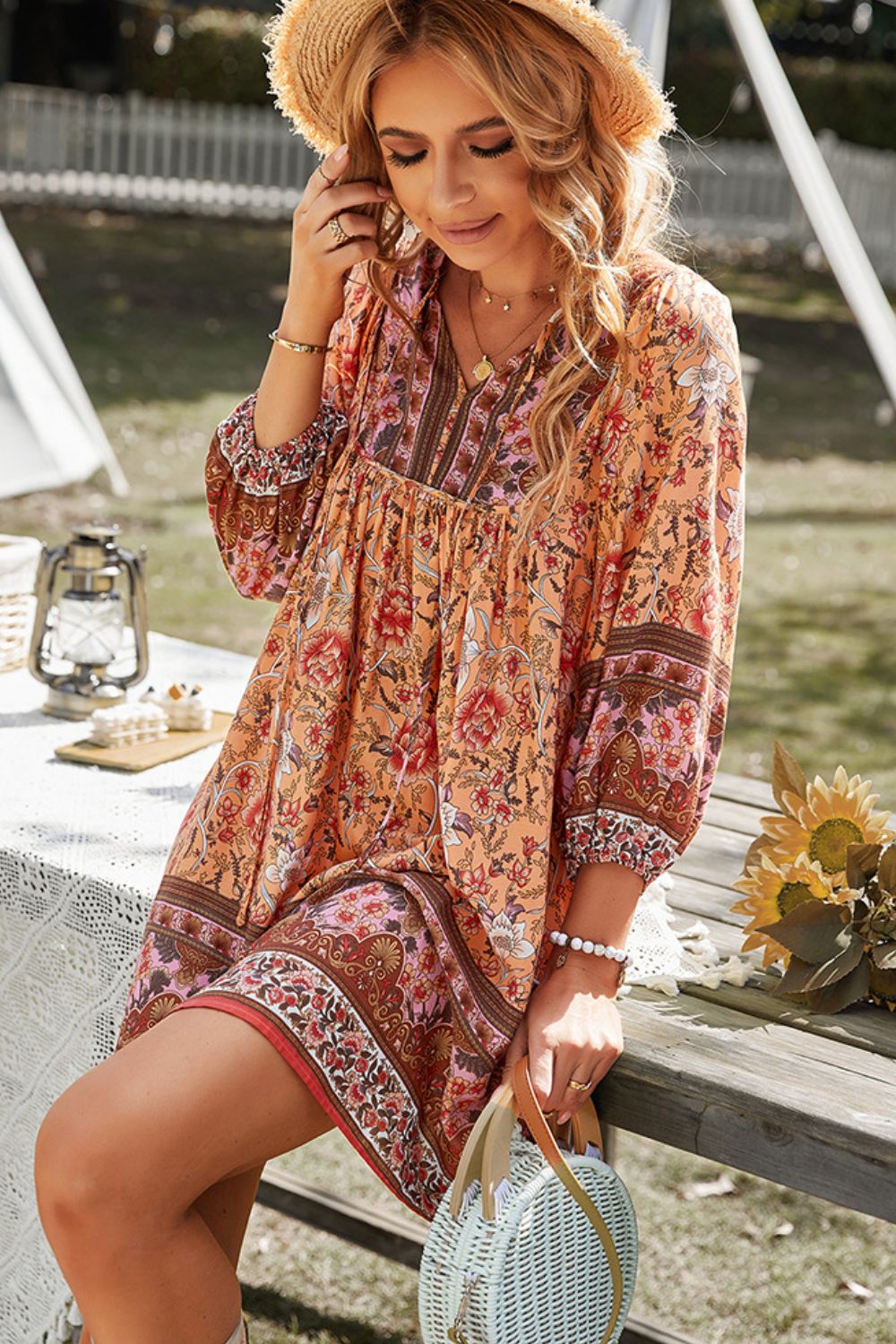 Bohemian Tie Neck Balloon Sleeve Dress