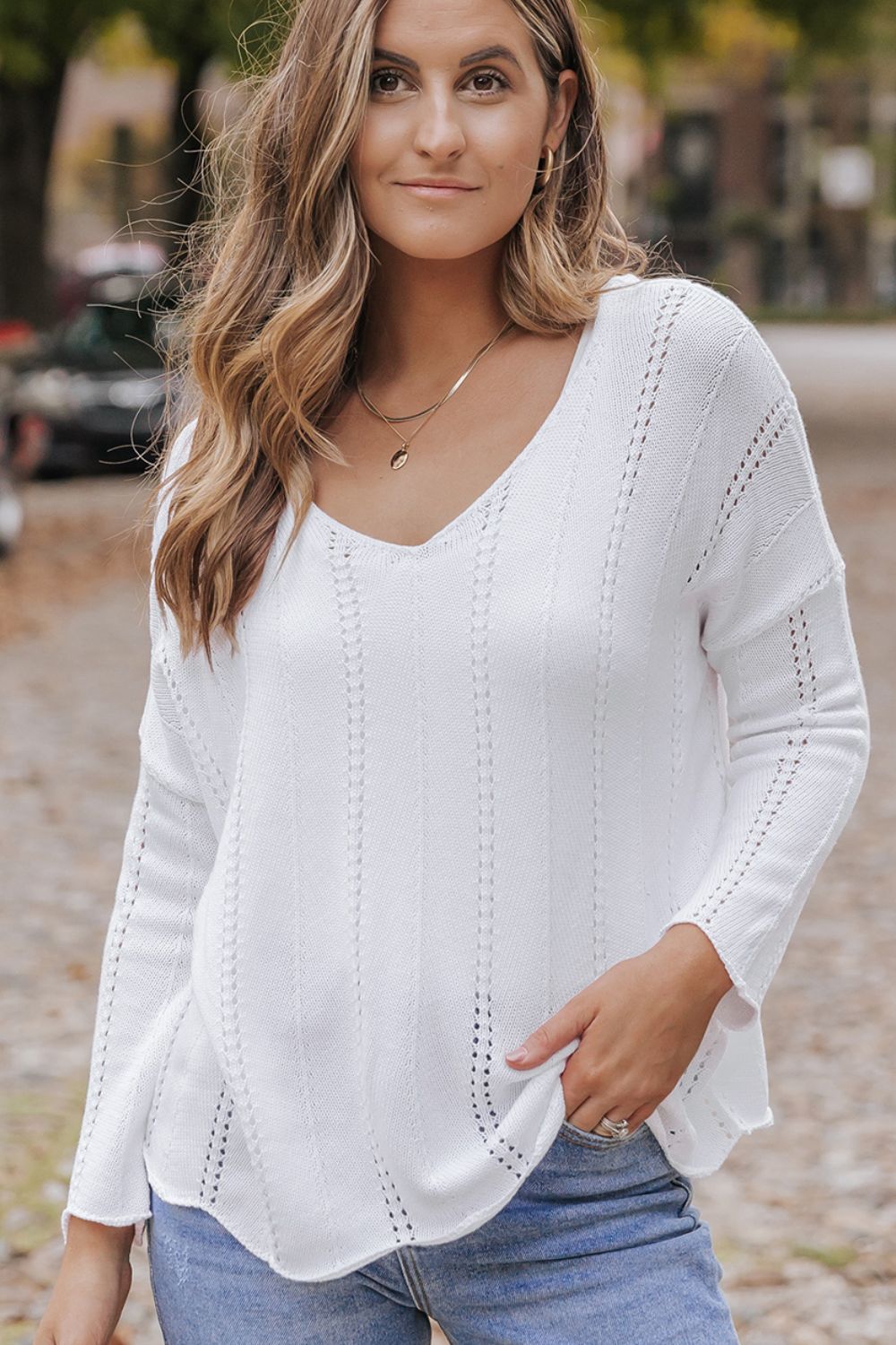 Openwork V-Neck Long Sleeve Knit Top 