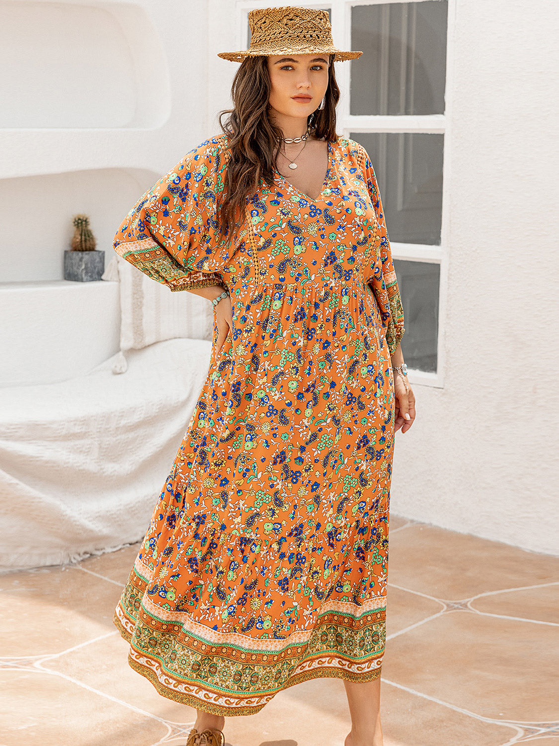 Plus Size Floral V-Neck Balloon Sleeve Midi Dress