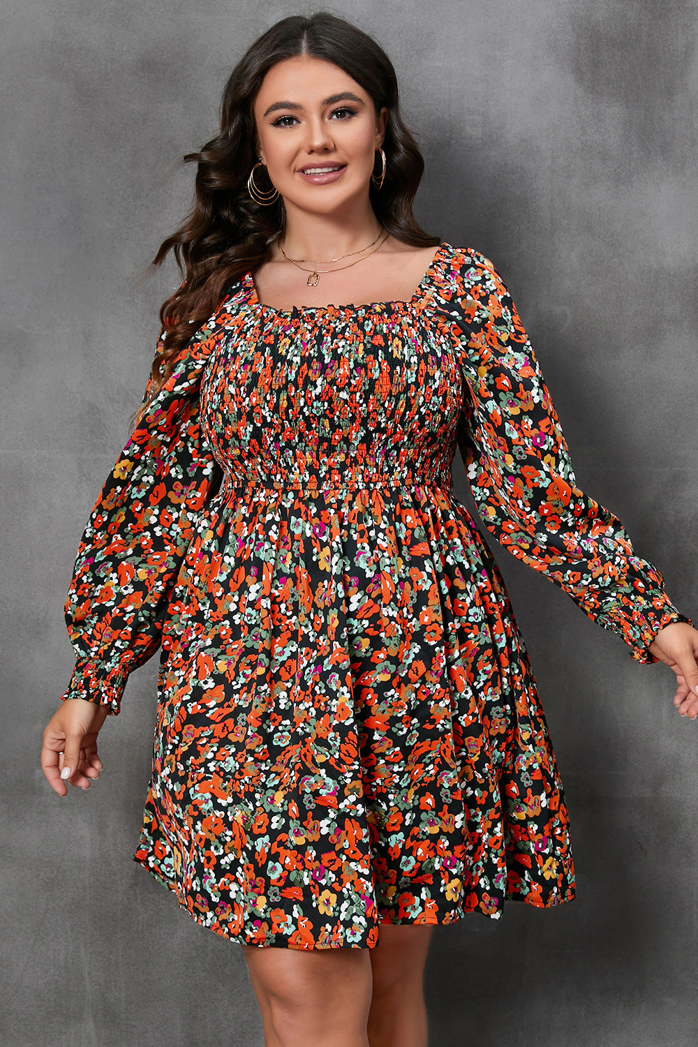 Plus Size Floral Square Neck Smocked Mini Dress 