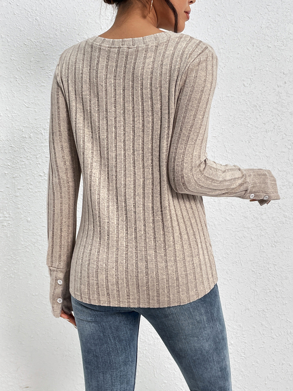 Lace Detail Ribbed V-Neck Long Sleeve Top 