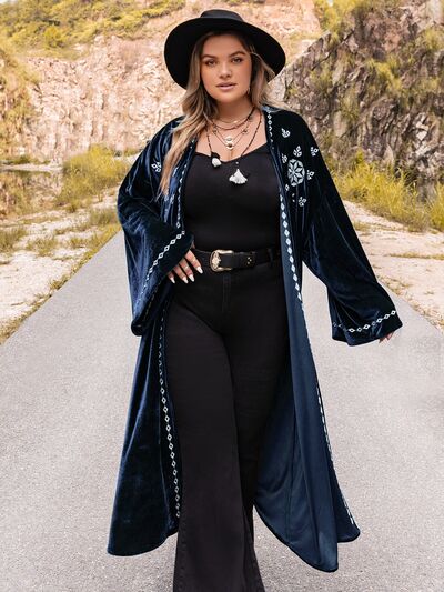 Plus Size Embroidery Open Front Long Sleeve Cardigan 