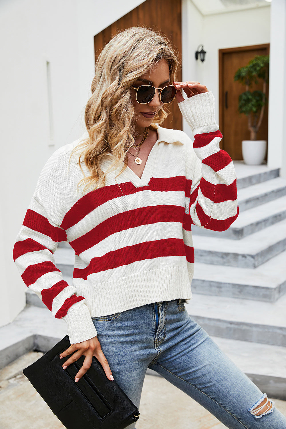 Striped Collared Neck Drop Shoulder Knit Top 