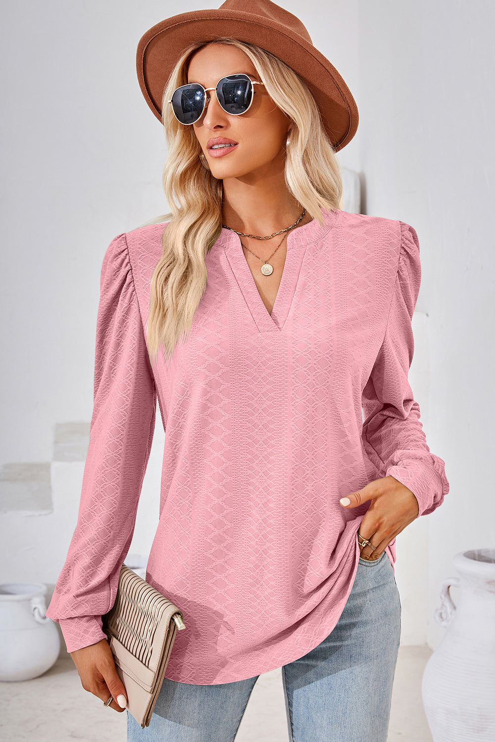 Ruched Notched Long Sleeve T-Shirt 