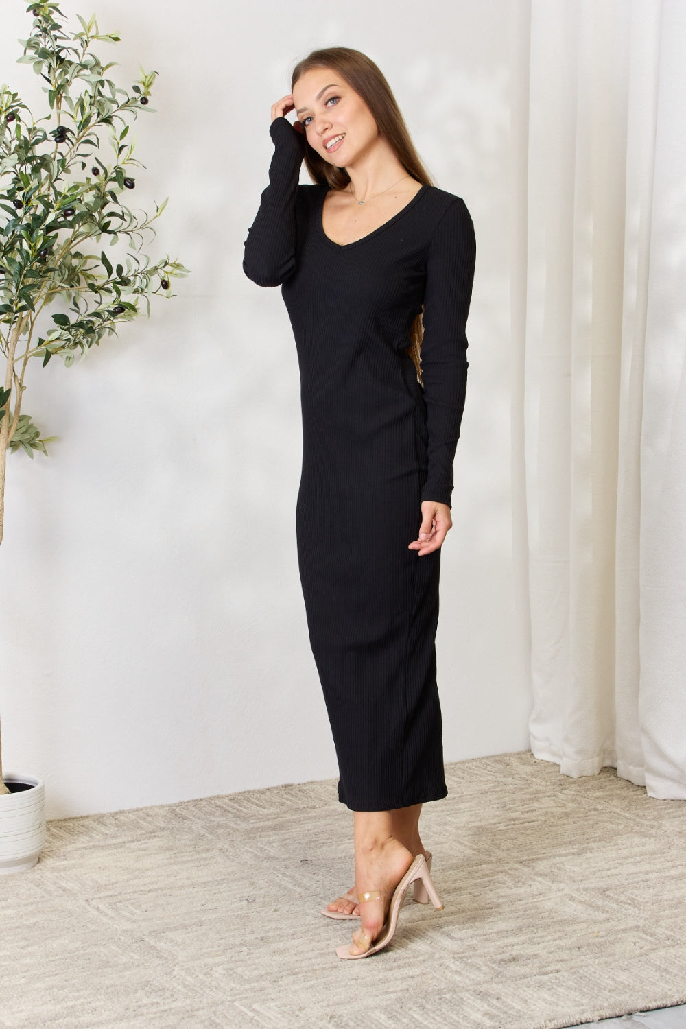 Culture Code Full Size Ribbed Long Sleeve Midi Slit Dress 