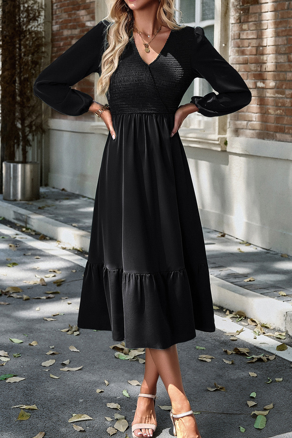 Smocked Surplice Long Sleeve Midi Dress 