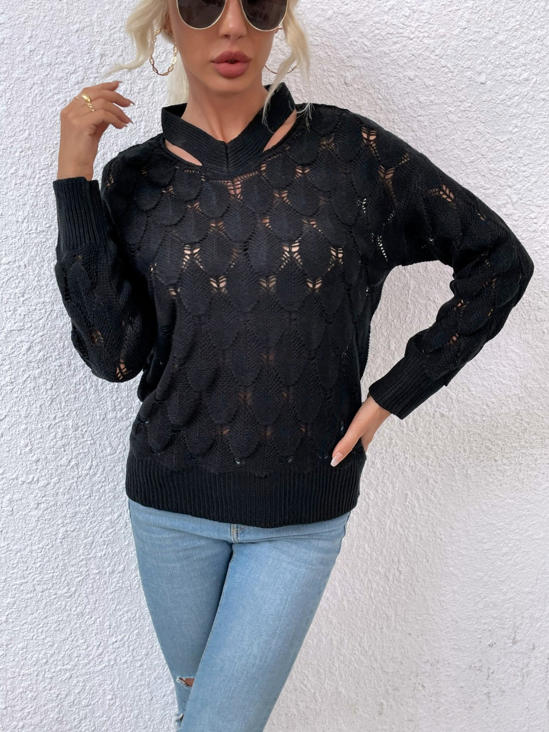 Openwork Cutout Dropped Shoulder Sweater 