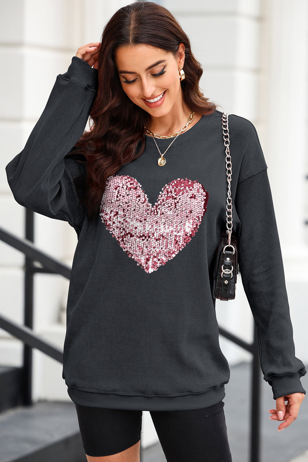 Heart Sequin Round Neck Sweatshirt - Babbazon sweatshirt