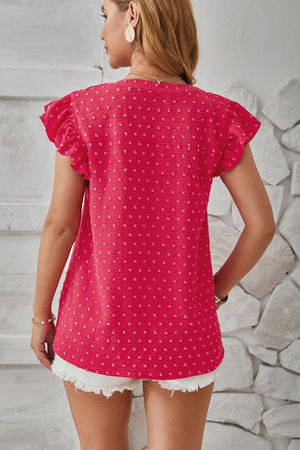 Swiss Dot Ruffled Cap Sleeve T-Shirt 