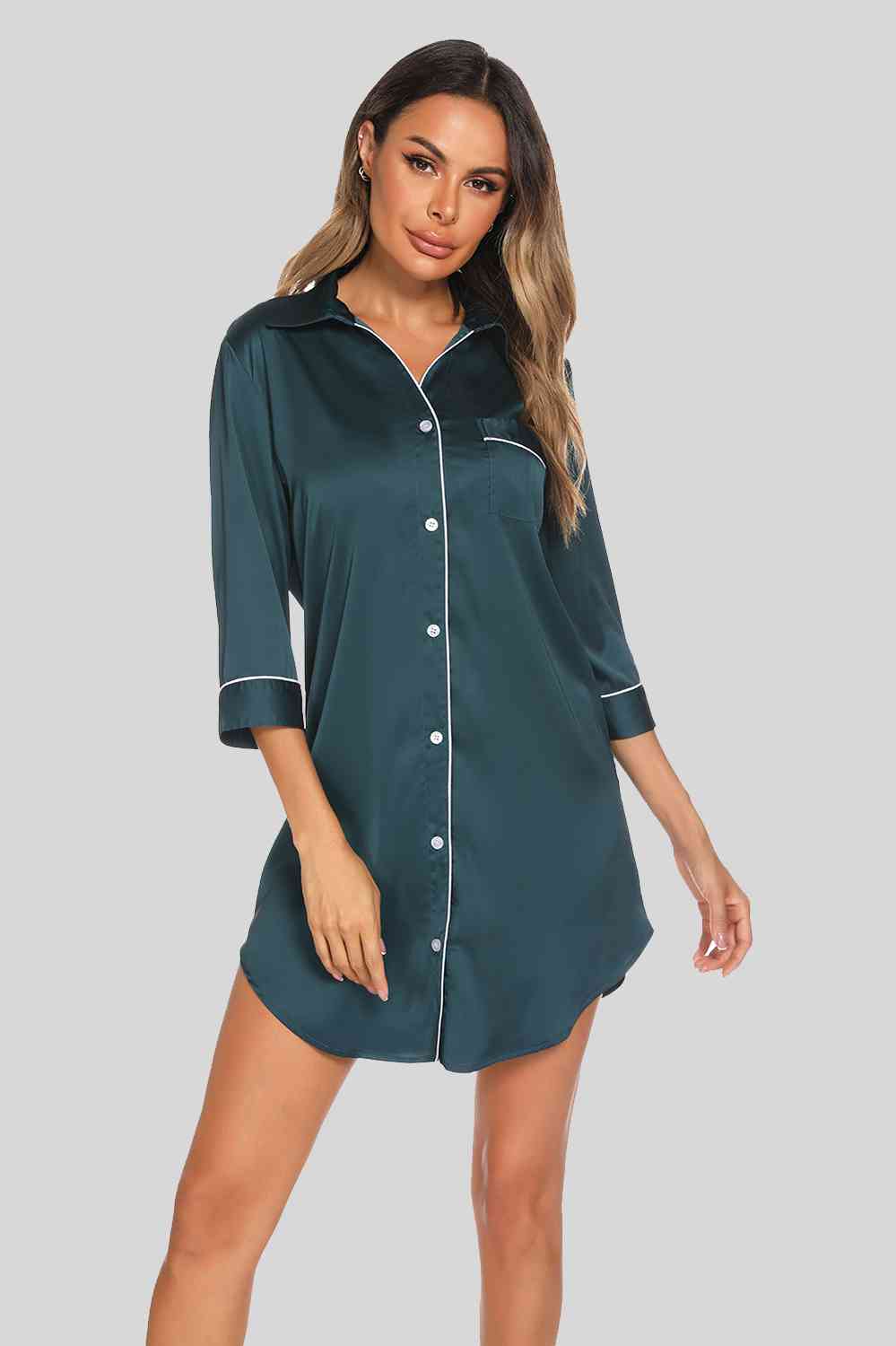 Button Up Collared Neck Night Dress with Pocket - Babbazon loungewear