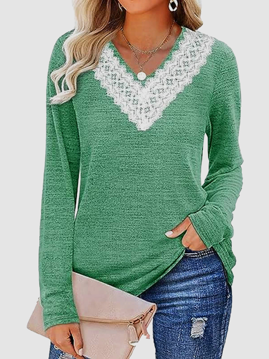 Lace Detail V-Neck Long Sleeve Top