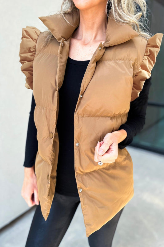 Ruffled Snap Down Mock Neck Vest Coat 