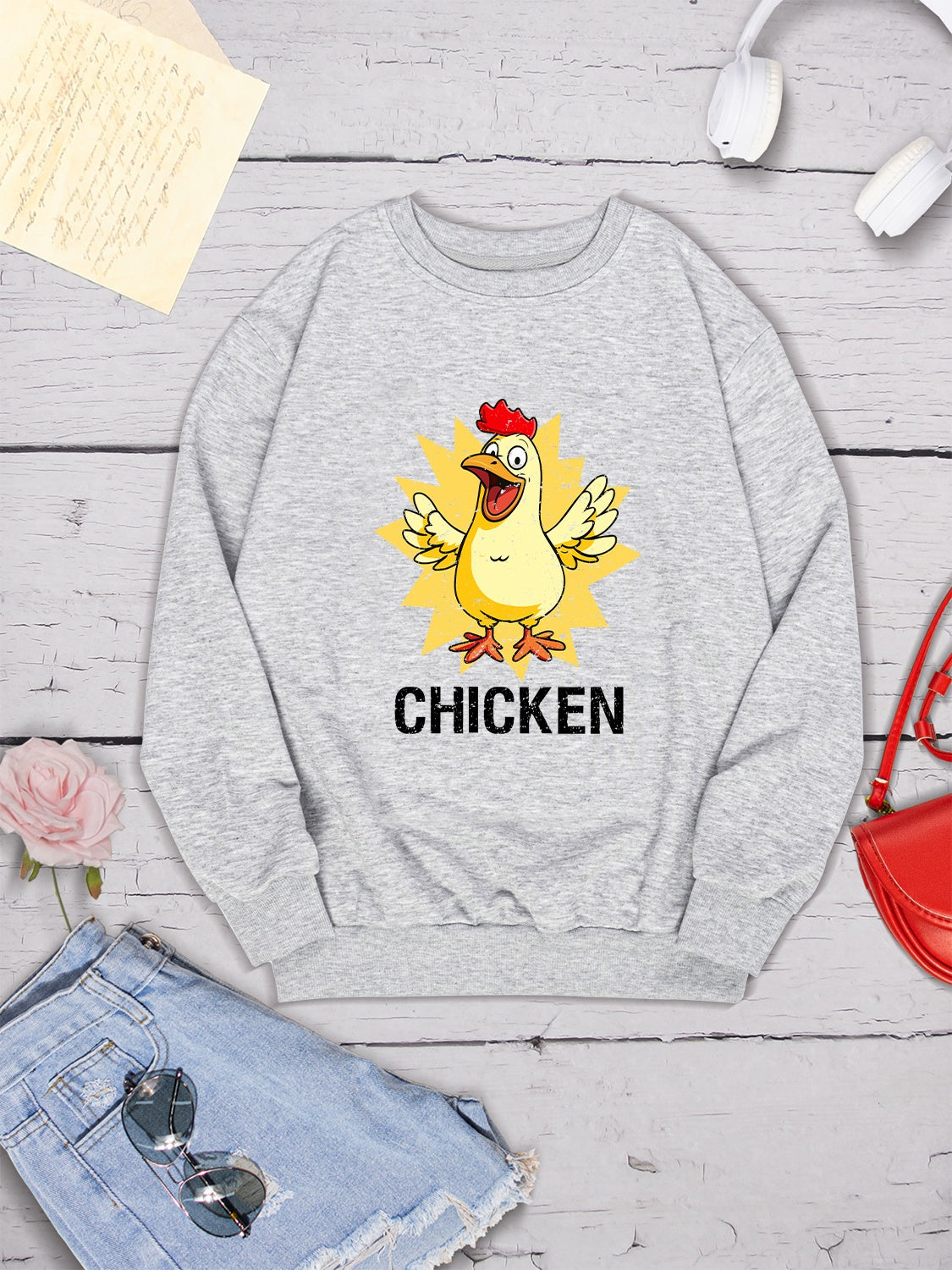 CHICKEN Round Neck Dropped Shoulder Sweatshirt 