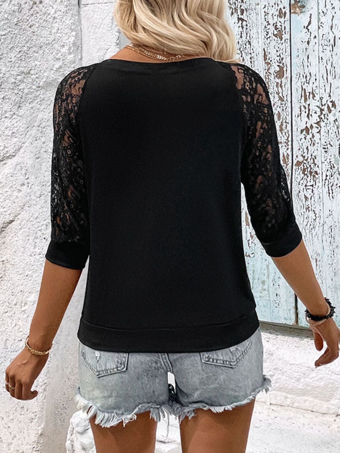 Double Take V-Neck Spliced Lace Raglan Sleeve Top 