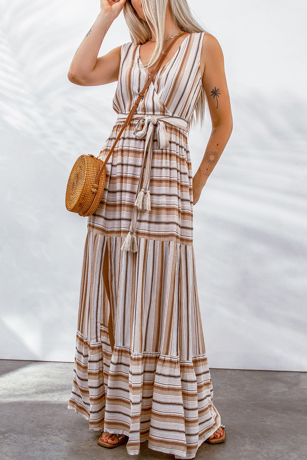 Striped Tie Waist Slit Sleeveless Dress - Babbazon Maxi Dress