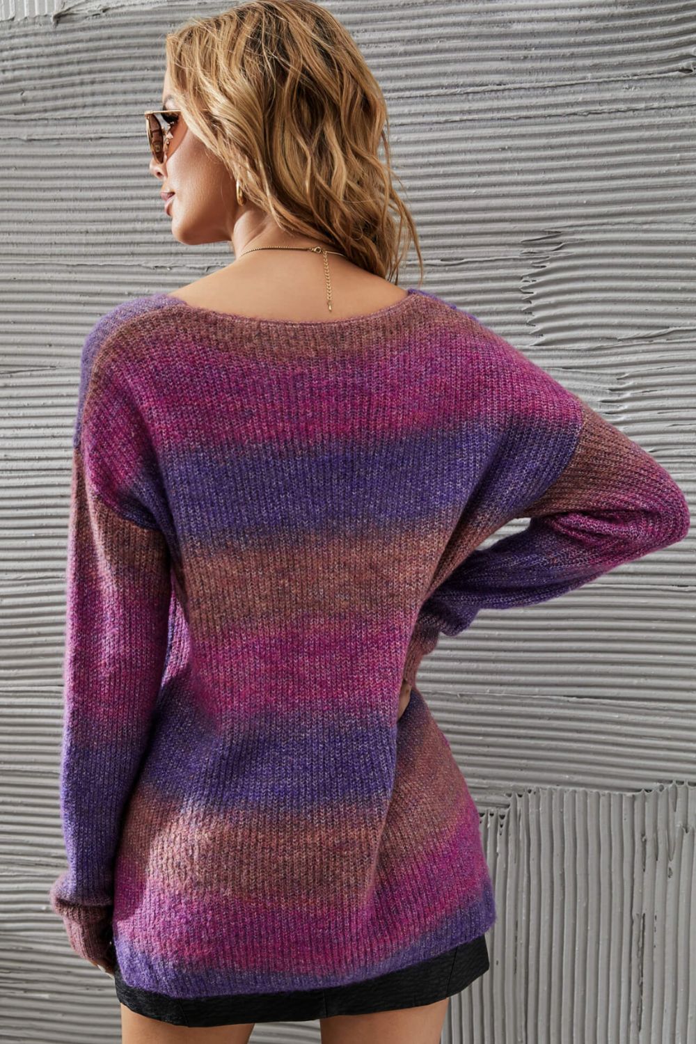 Multicolored Rib-Knit V-Neck Knit Pullover 