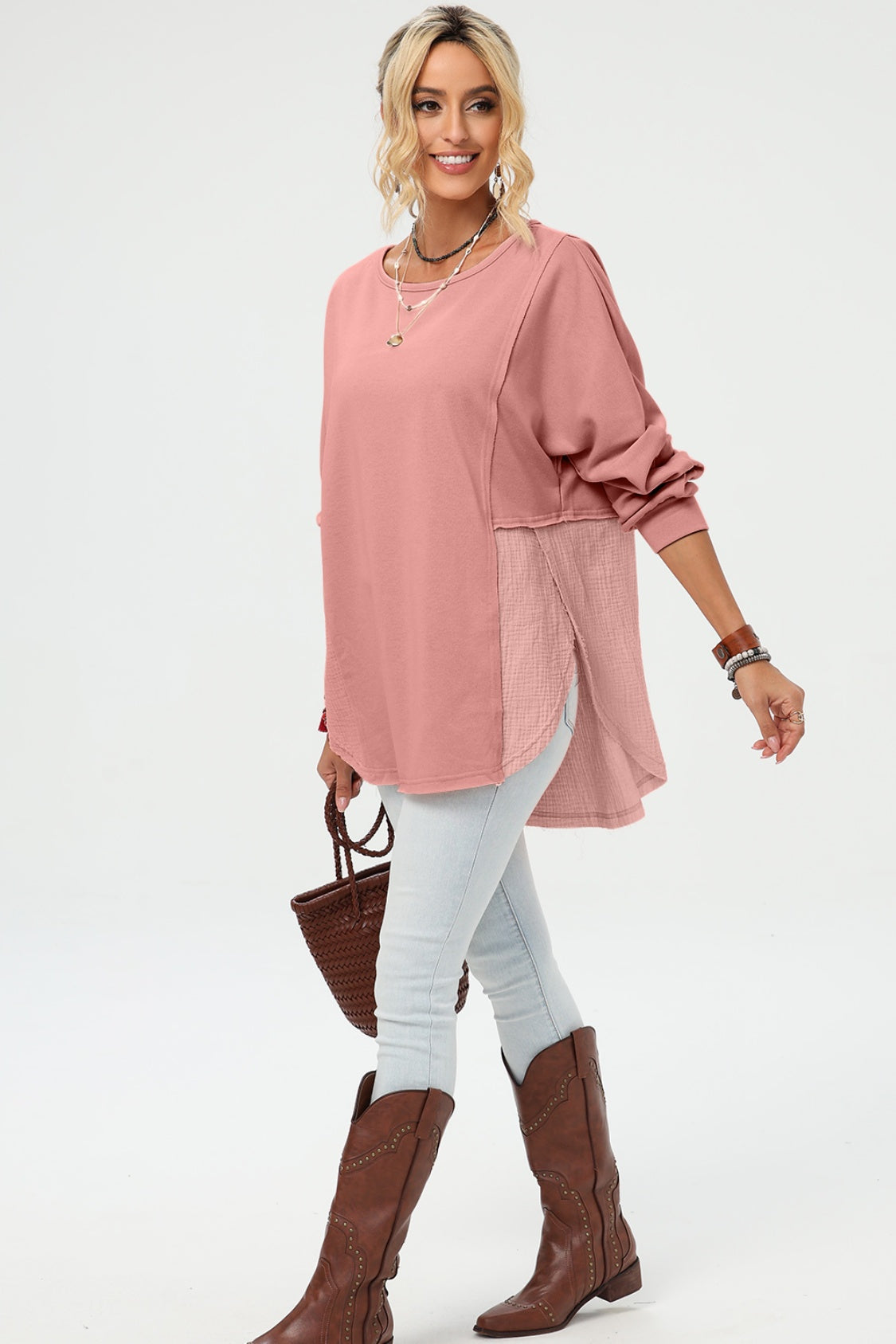 Curved Hem Dolman Sleeve Top - Babbazon Women's Tops