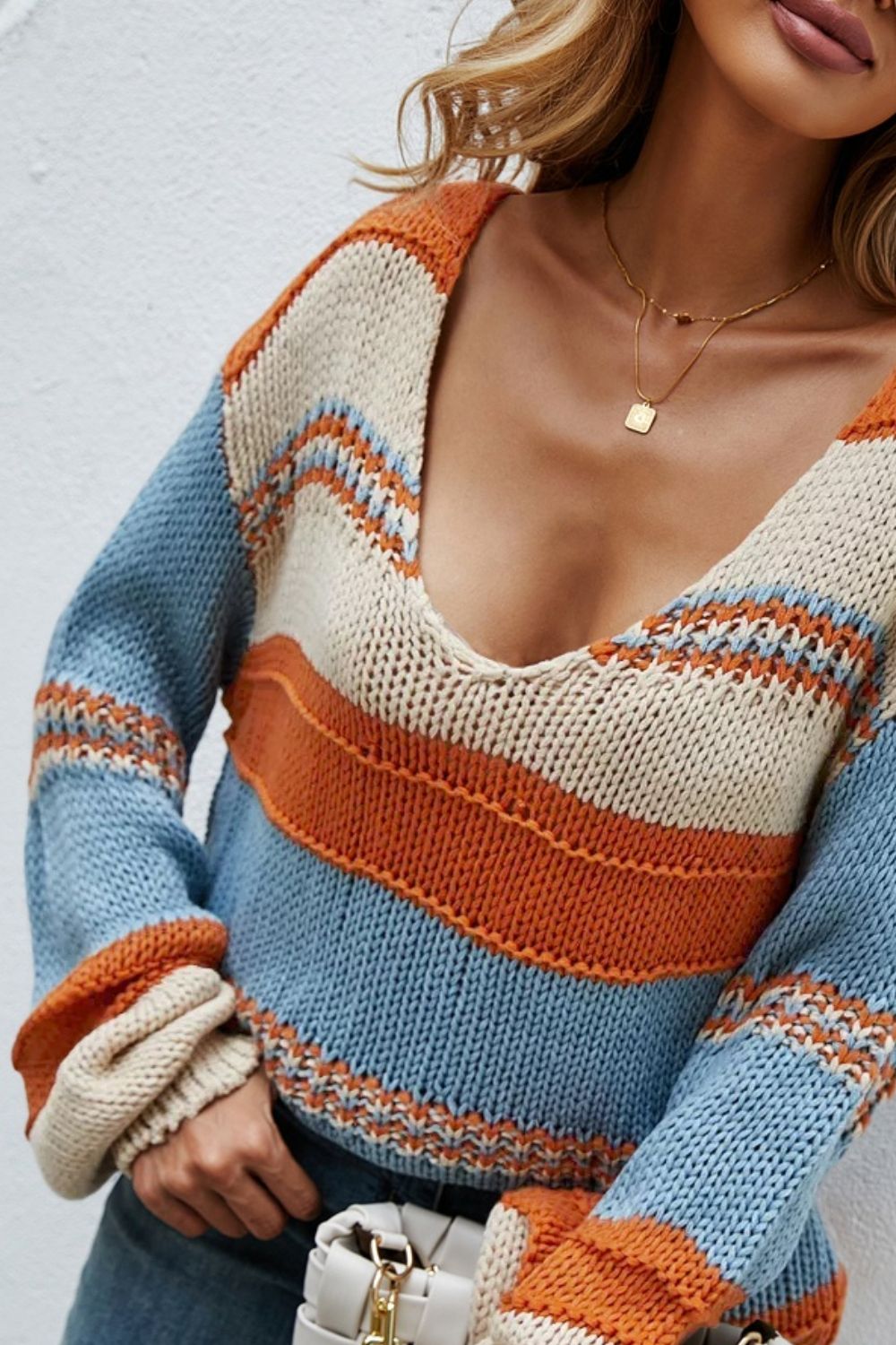 Color Block V-Neck Dropped Shoulder Sweater 