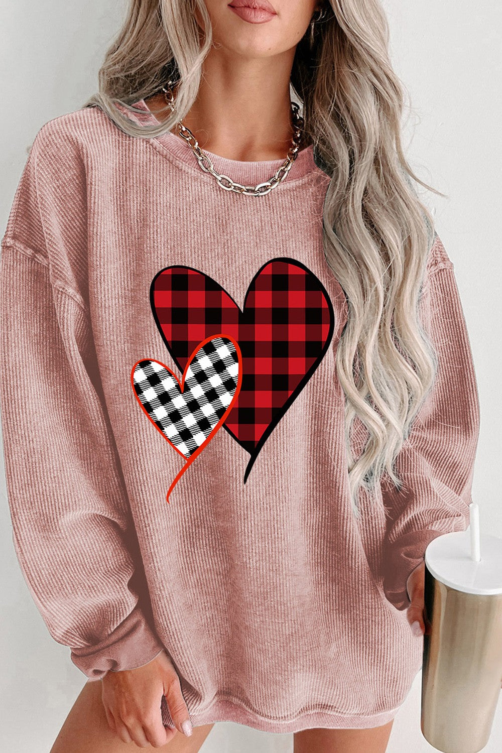 Heart Round Neck Dropped Shoulder Sweatshirt - Babbazon sweatshirt