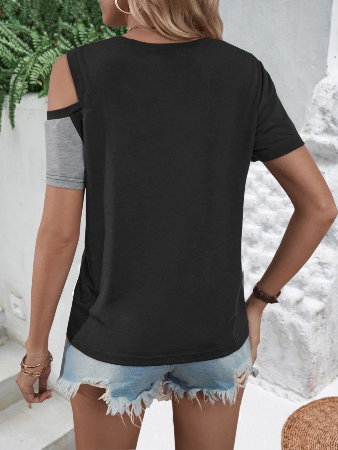 Color Block Round Neck Short Sleeve T-Shirt 