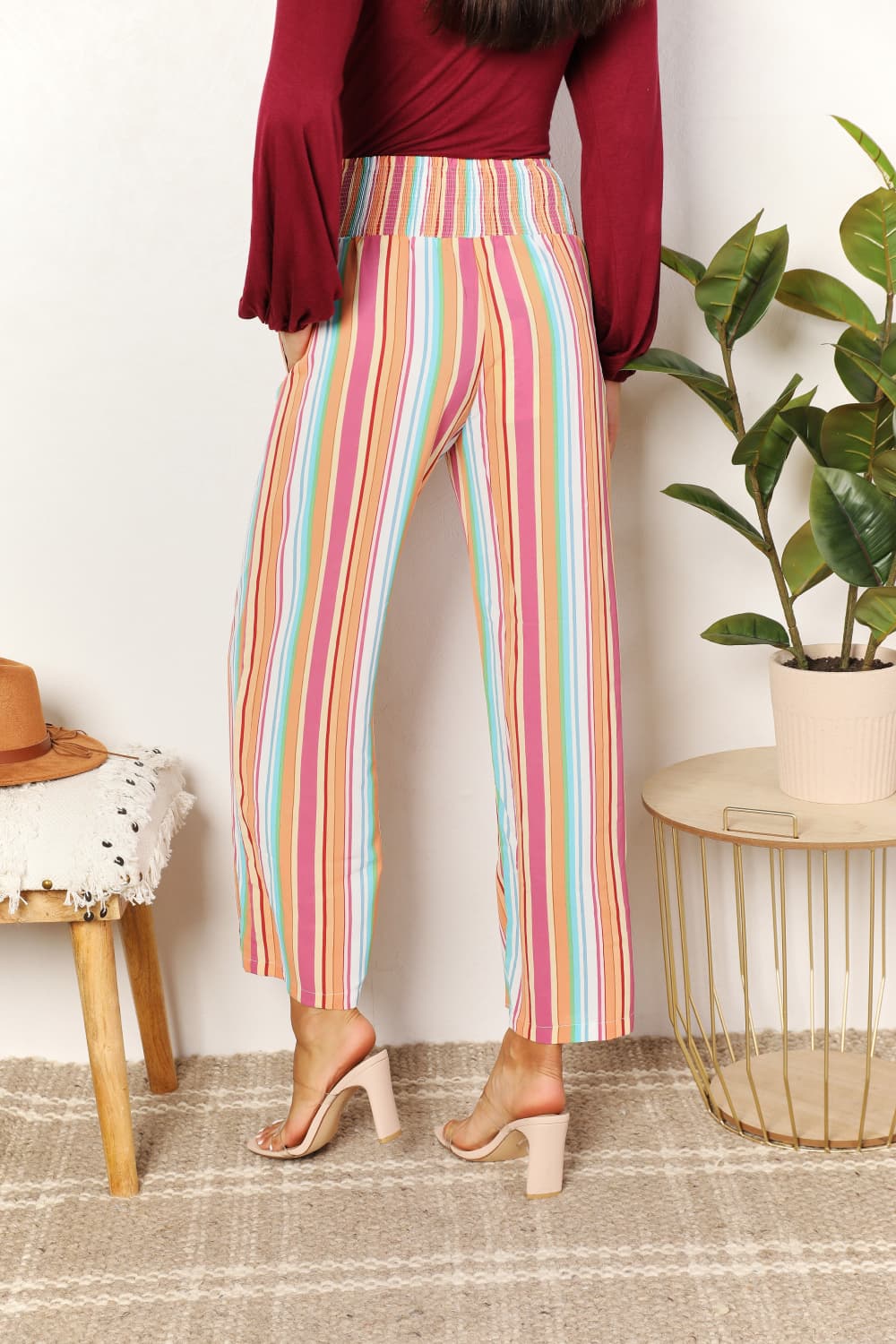 Double Take Striped Smocked Waist Pants with Pockets 