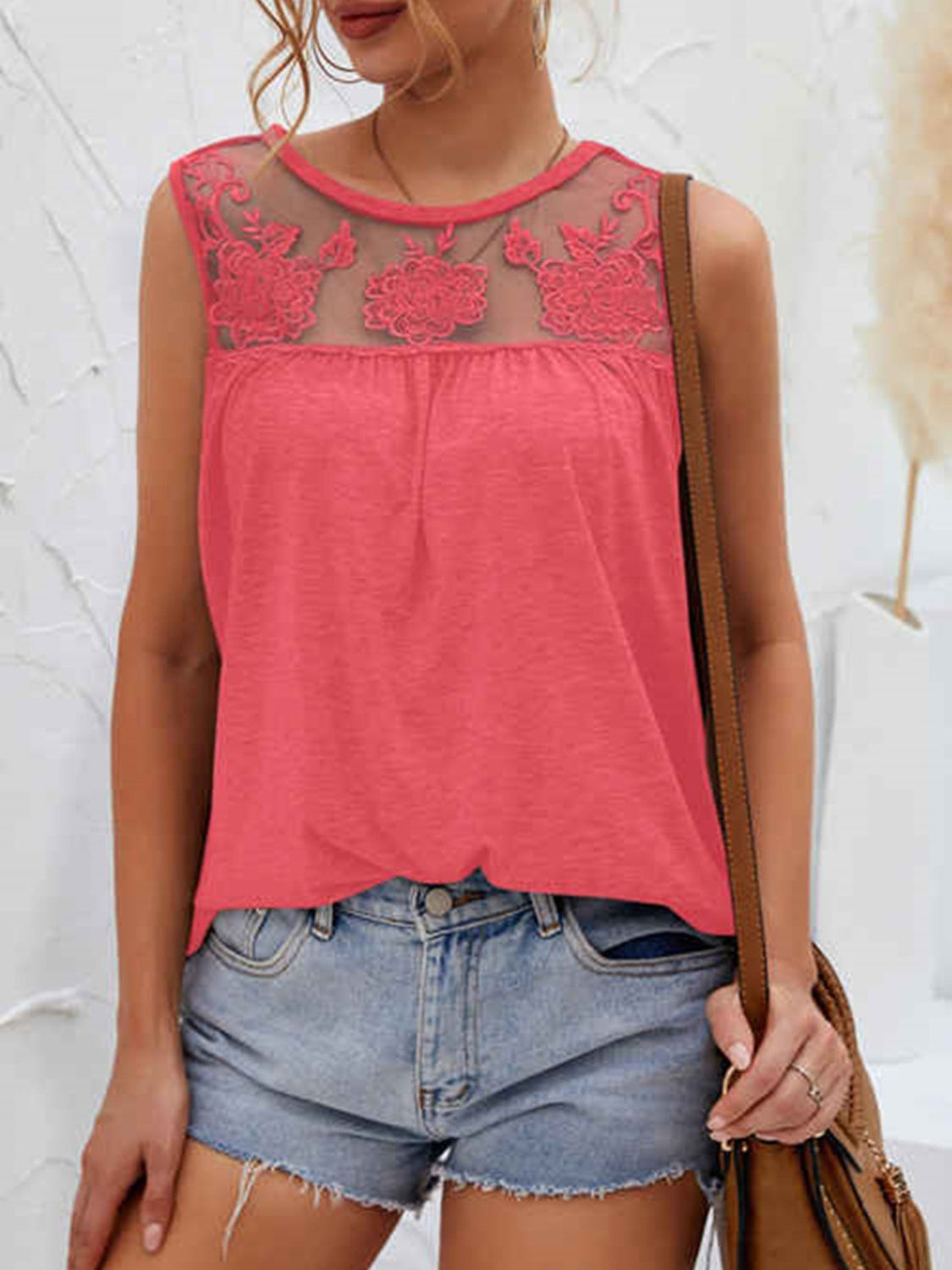 Lace Detail Round Neck Tank - Babbazon