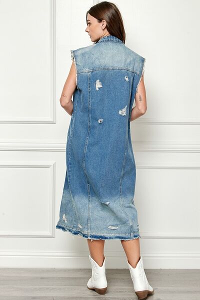 Veveret Full Size Distressed Sleeveless Longline Denim Jacket 