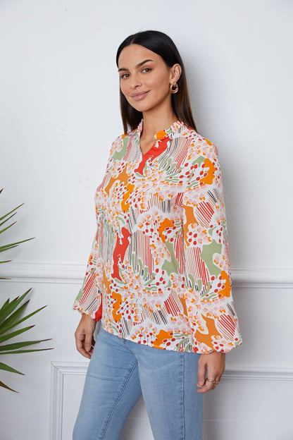 Floral Frill Notched Long Sleeve Blouse 