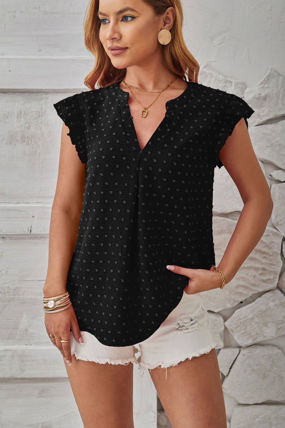 Swiss Dot Ruffled Cap Sleeve T-Shirt 