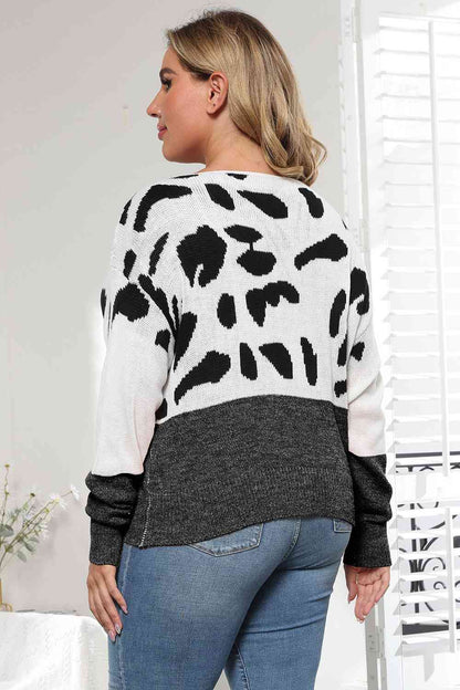 Plus Size Leopard Round Neck Long Sleeve Sweater 