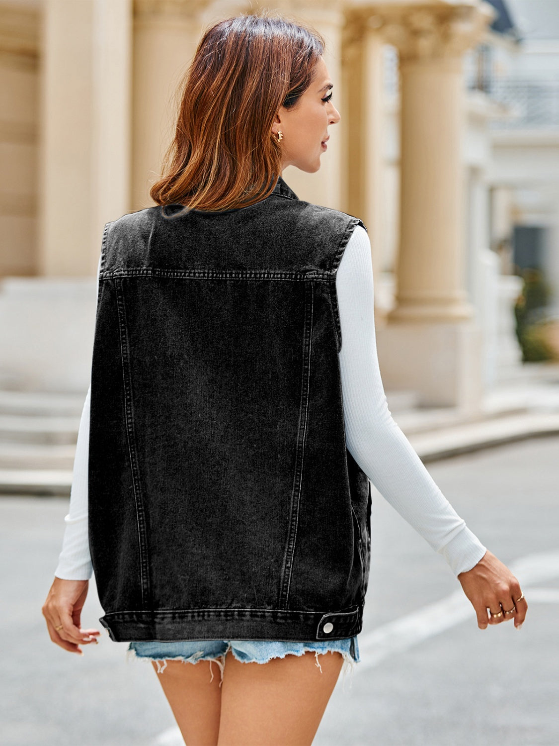 Pocketed Button Up Sleeveless Denim Jacket 