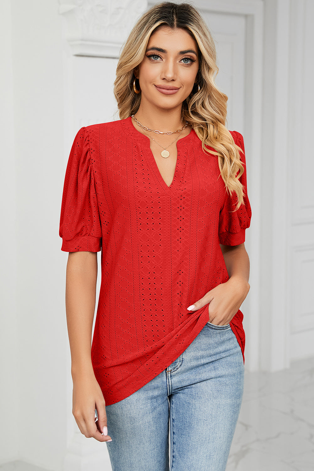 Eyelet Notched Short Sleeve T-Shirt 