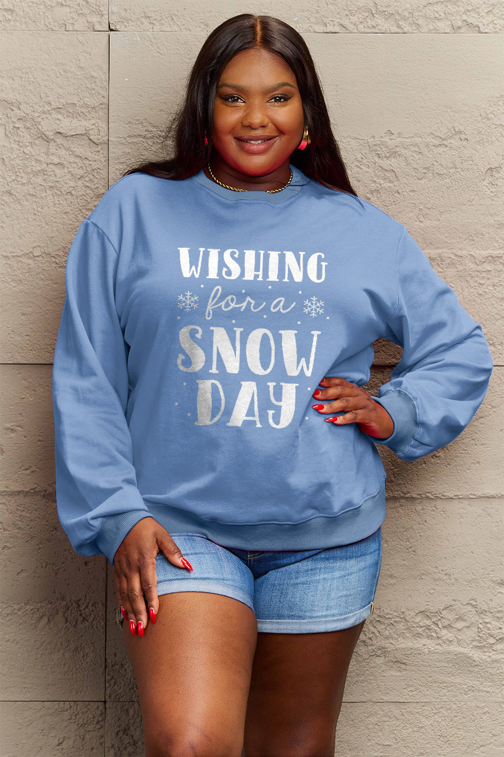 Simply Love Full Size WISHING FOR A SNOW DAY Round Neck Sweatshirt 