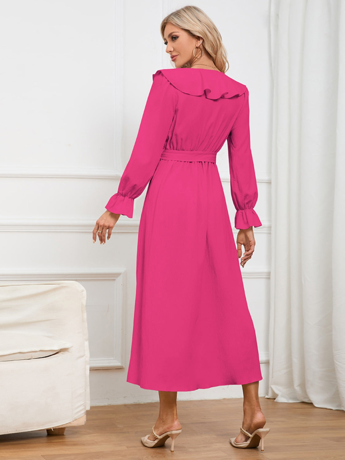 Surplice Tie Front Flounce Sleeve Dress 