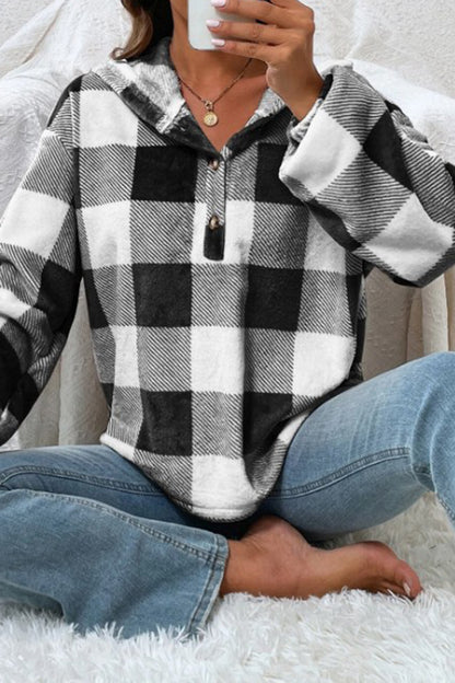 Plaid Quarter Button Dropped Shoulder Hoodie 