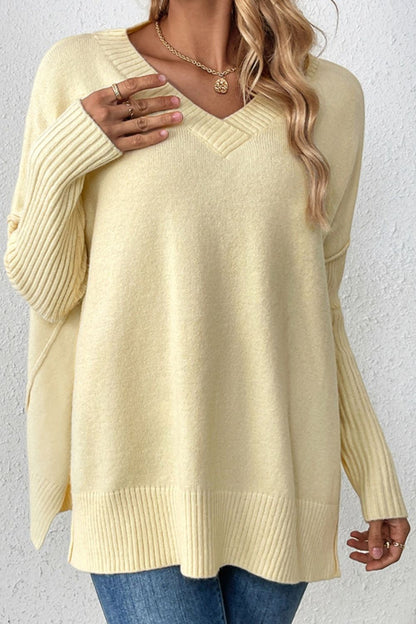 Slit V-Neck Dropped Shoulder Sweater 