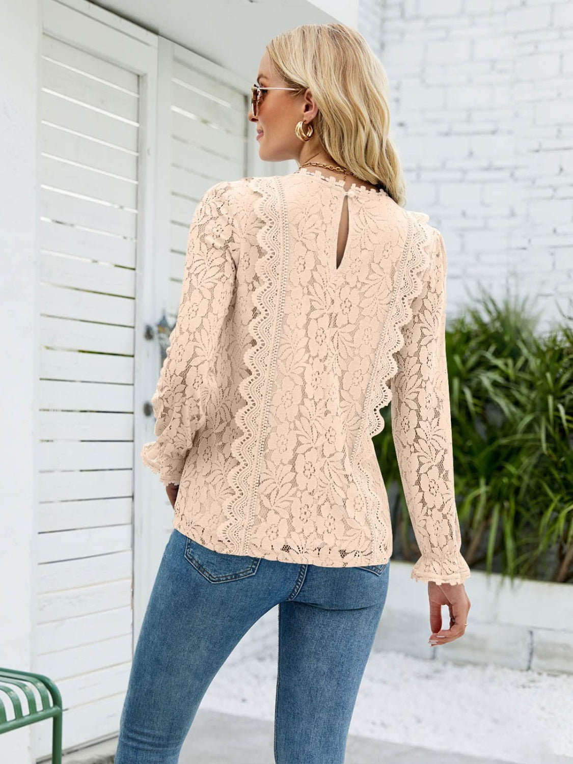 Lace V-Neck Flounce Sleeve Blouse 