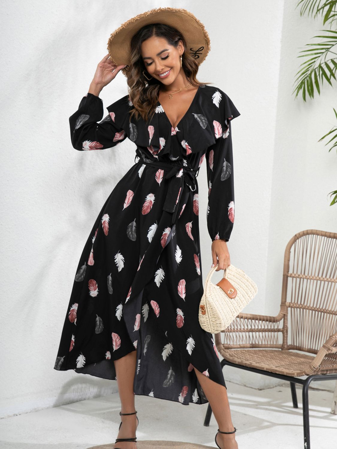 Printed Tie Front Ruffle Trim Long Sleeve Dress 