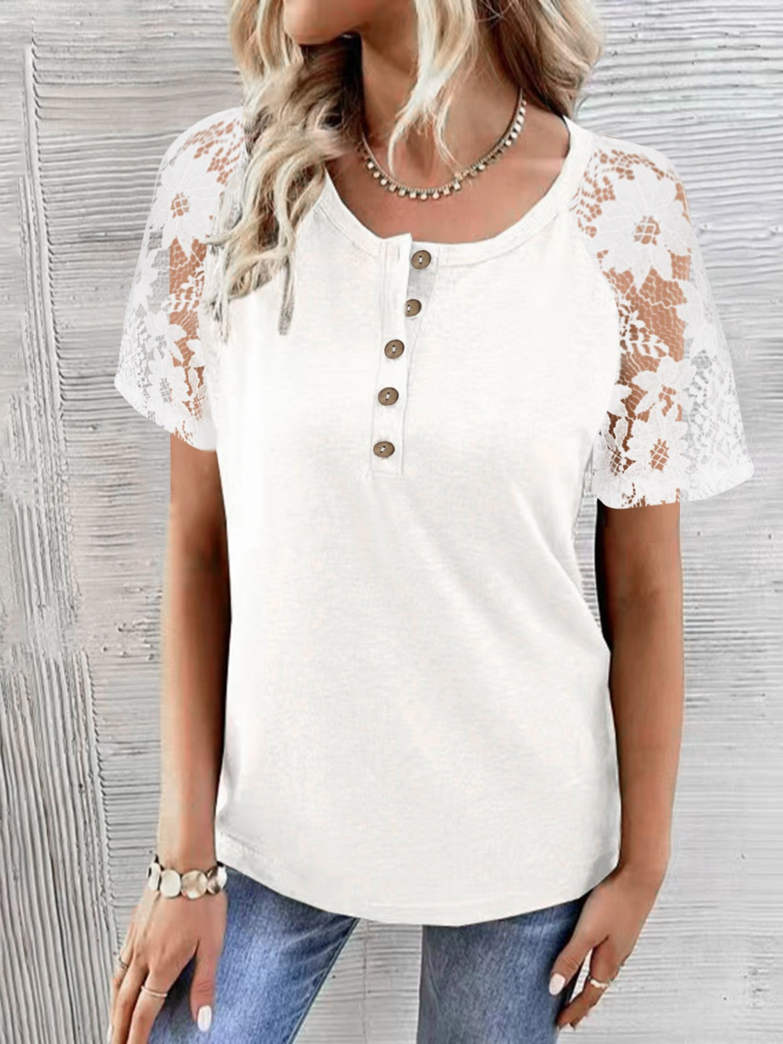 Lace Detail Half Button Short Sleeve T-Shirt 