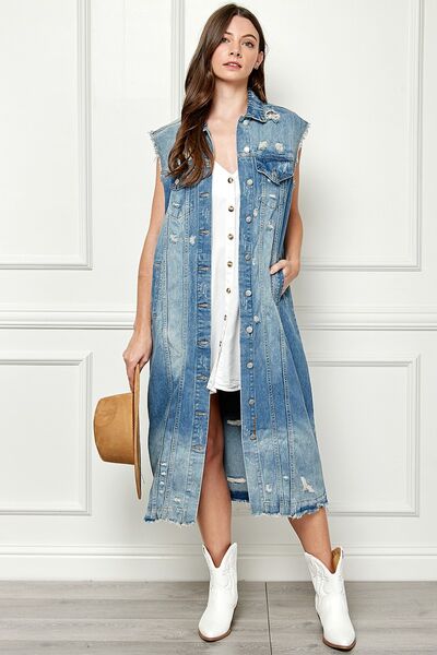 Veveret Full Size Distressed Sleeveless Longline Denim Jacket 