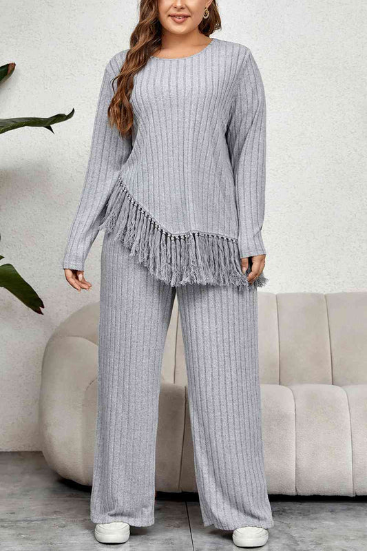 Plus Size Tassel Hem Top and Pants Set 