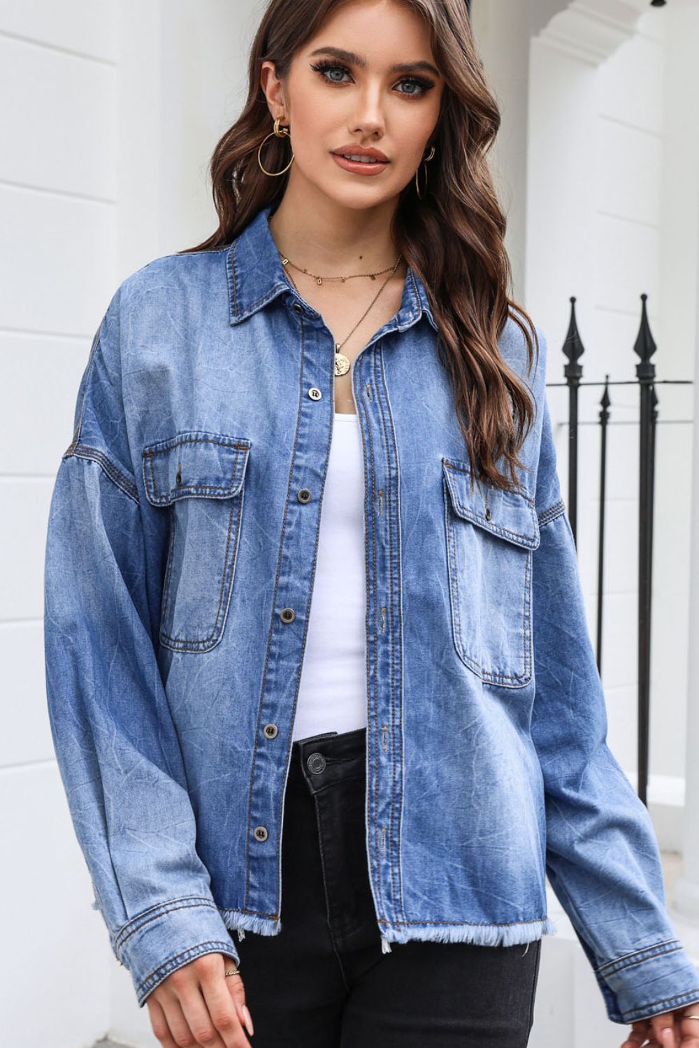 Raw Hem Pocketed Collared Neck Denim Jacket 