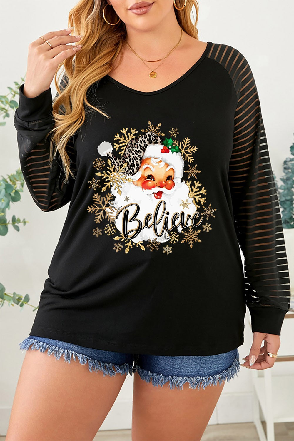 Plus Size Santa Graphic Striped Long Sleeve T-Shirt 