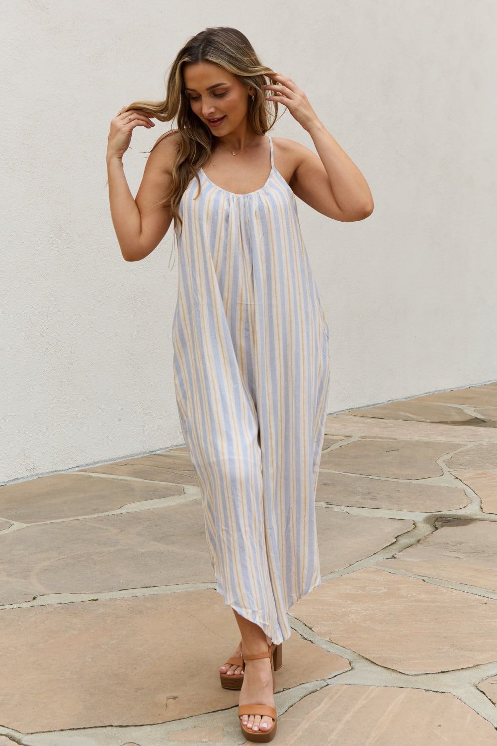 HEYSON Full Size Multi Colored Striped Jumpsuit with Pockets 