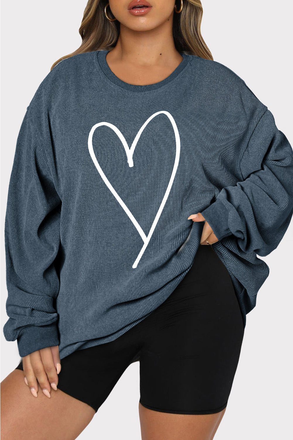 Plus Size Heart Ribbed Round Neck Sweatshirt - Babbazon sweatshirt