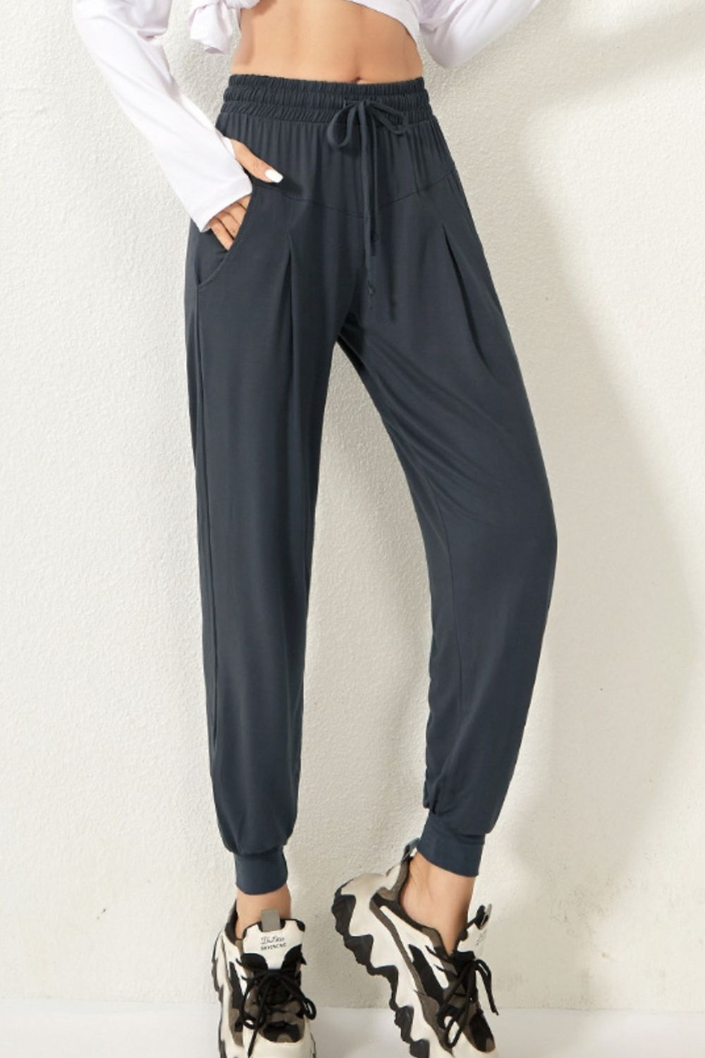 Drawstring High Waist Active Pants - Babbazon