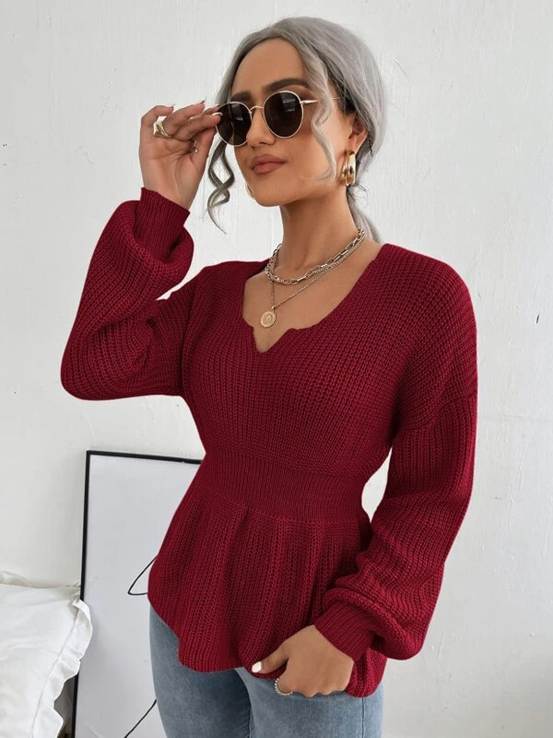 Notched Dropped Shoulder Knit Top 