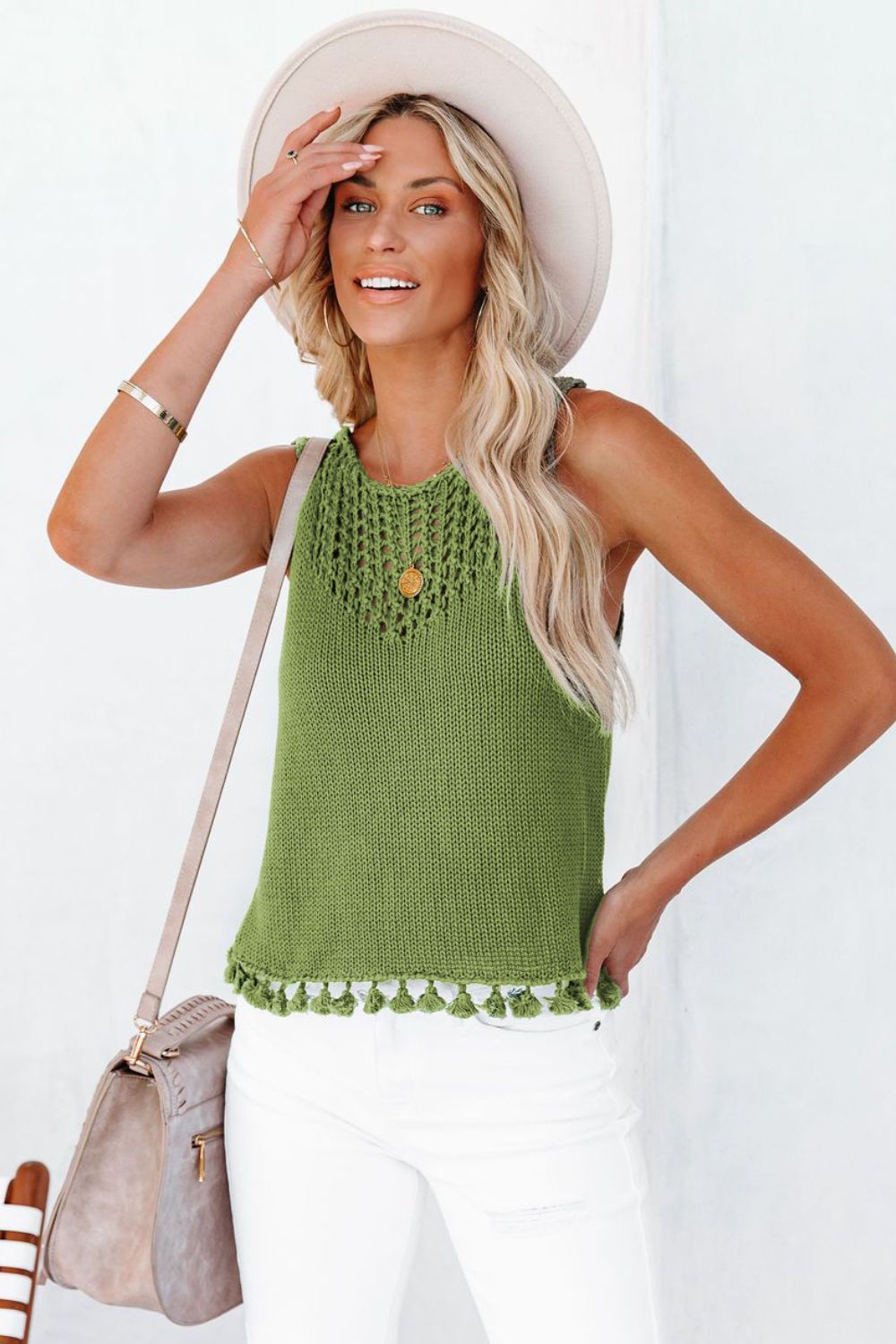 Openwork Tassel Hem Knit Tank 