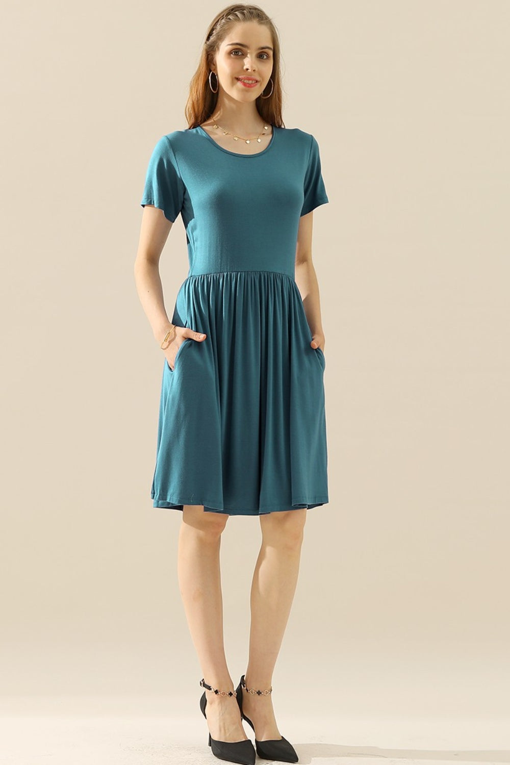 Ninexis Full Size Round Neck Ruched Dress with Pockets - Babbazon Dress