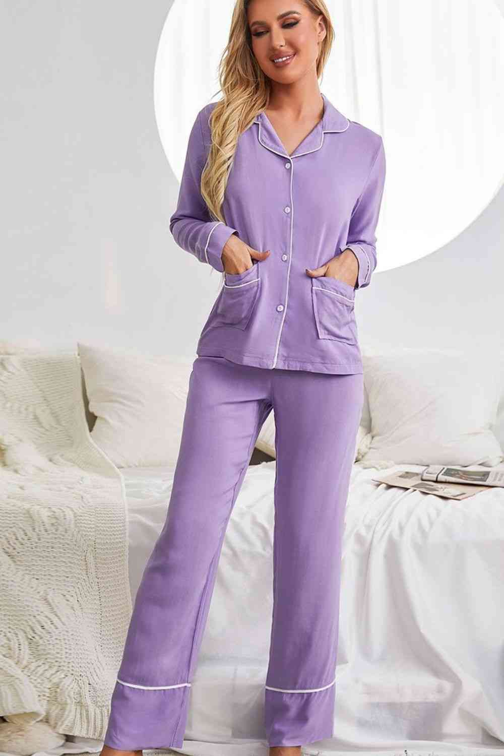 Contrast Lapel Collar Shirt and Pants Pajama Set with Pockets - Babbazon loungewear